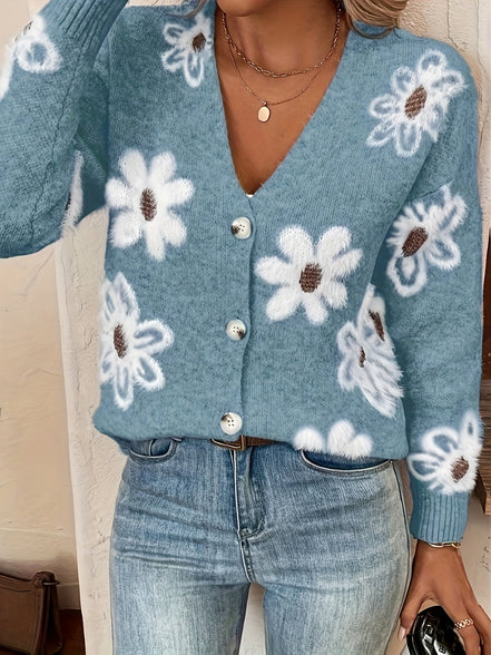 Daisy knit cardigan – blomstermønstret strik med V-udskæring