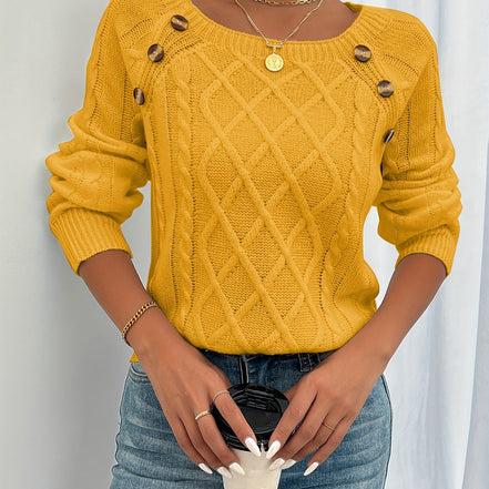 Ravella Strikbluse – Kvinde Sweater med Knapper og Firkantet Halsudskæring
