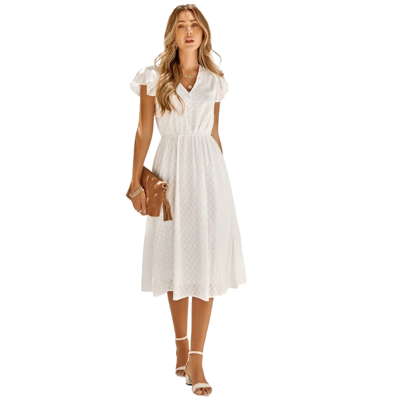 Dame midi kjole uden ærmer med V-hals og høj talje – let kjole til hverdag og fritid – Solmira