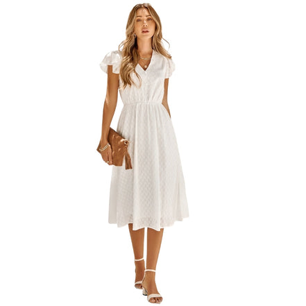 Dame midi kjole uden ærmer med V-hals og høj talje – let kjole til hverdag og fritid – Solmira