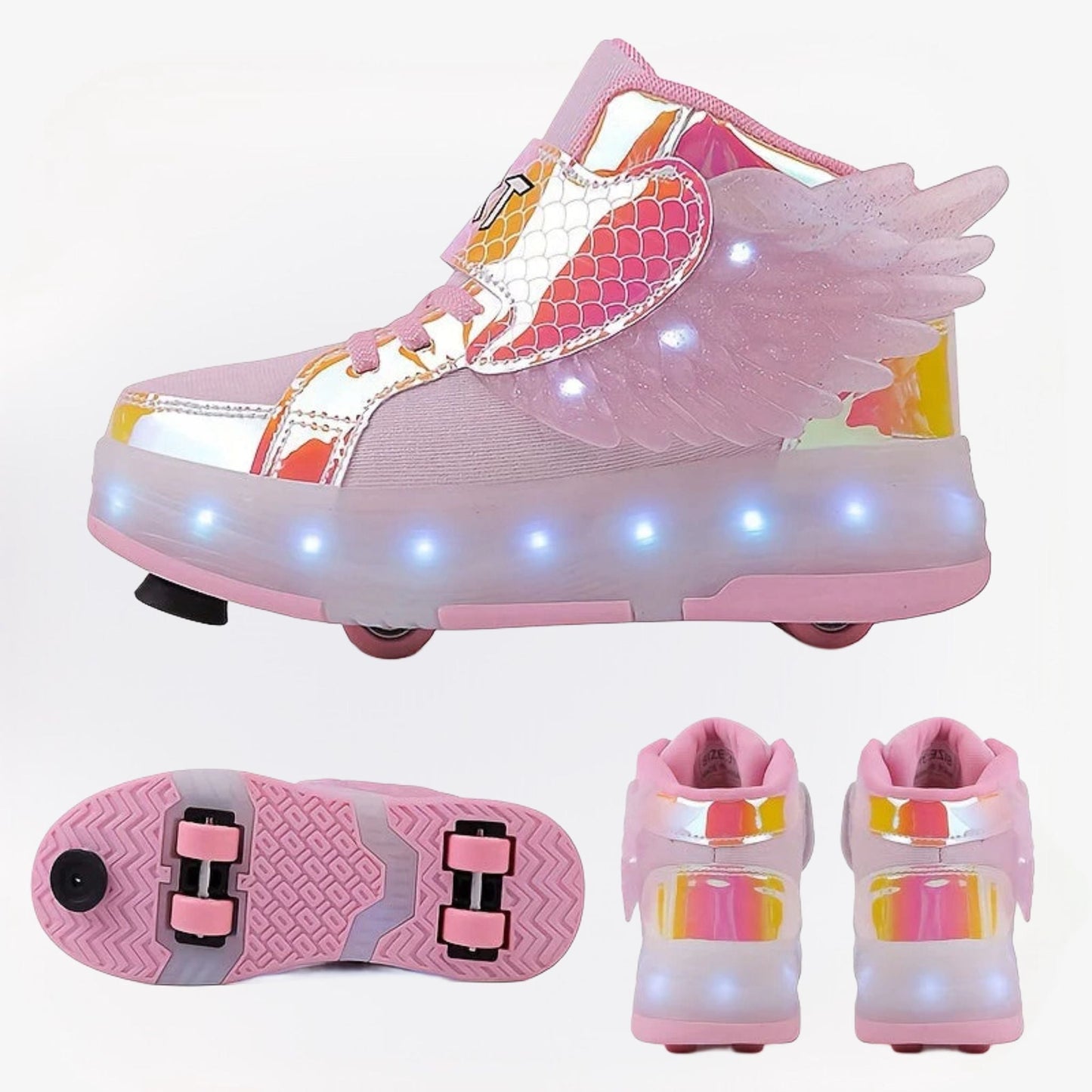 GlowSkate USB oplaadbare rolschaats sneakers met licht en vleugels – kleurrijke en comfortabele sneakers voor meisjes en tieners, ideaal voor plezier, buitenactiviteiten en avondritten.
