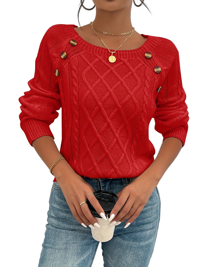 Ravella Strikbluse – Kvinde Sweater med Knapper og Firkantet Halsudskæring