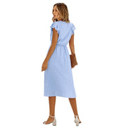 Dame midi kjole uden ærmer med V-hals og høj talje – let kjole til hverdag og fritid – Solmira