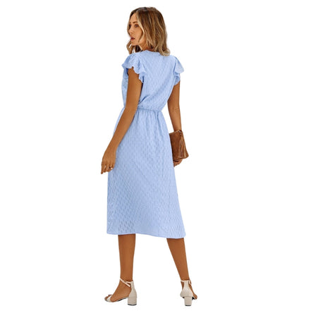 Dame midi kjole uden ærmer med V-hals og høj talje – let kjole til hverdag og fritid – Solmira