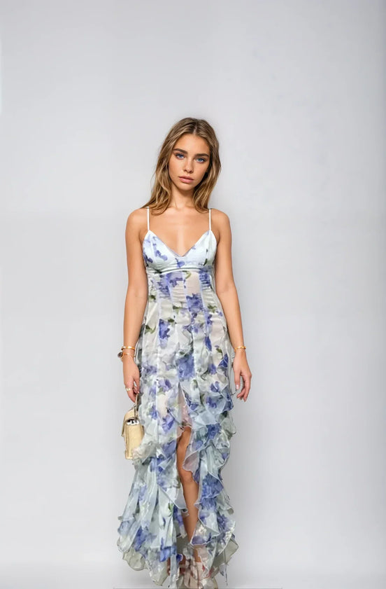 Floriva kjole til kvinder med blomsterprint, justerbare stropper og lang længde