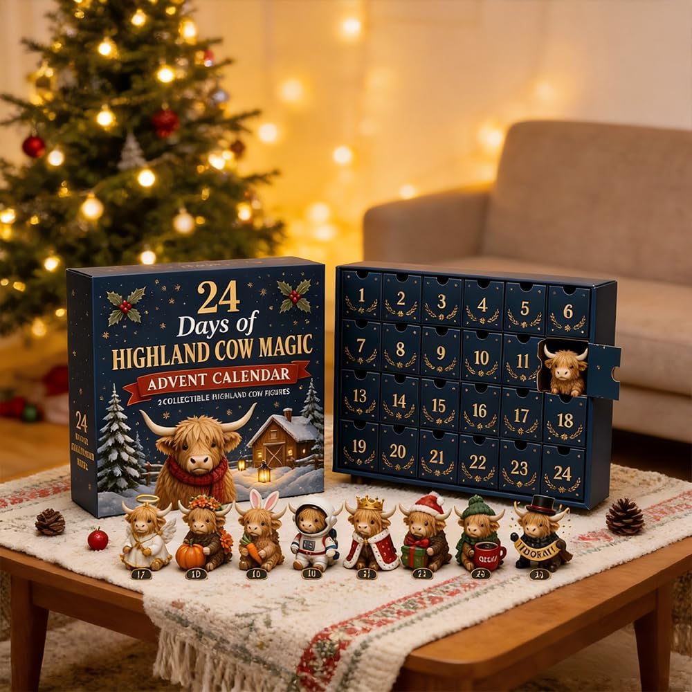 Adventný kalendár Highland Cow s 24 akrylovými vianočnými ozdobami - Highlandora