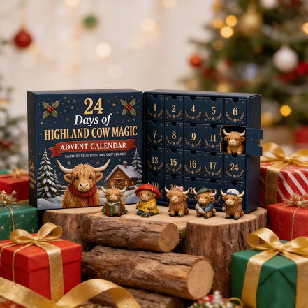 Adventný kalendár Highland Cow s 24 akrylovými vianočnými ozdobami - Highlandora