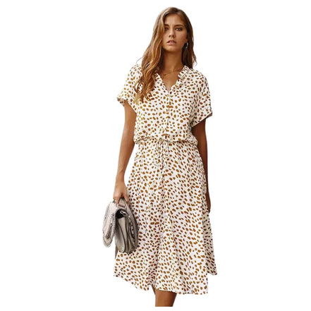 Dame kjole med korte ærmer, justerbar talje og print – afslappet kjole til hverdag og fritid – Velmira