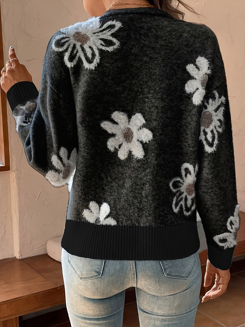 Daisy knit cardigan – blomstermønstret strik med V-udskæring