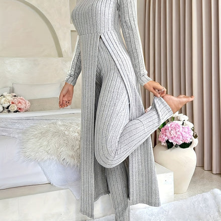 Plaid Two-Piece Sæt – Rundhalset Top med Slids & Matchende Bukser
