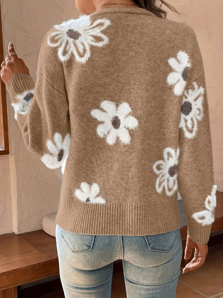 Daisy knit cardigan – blomstermønstret strik med V-udskæring