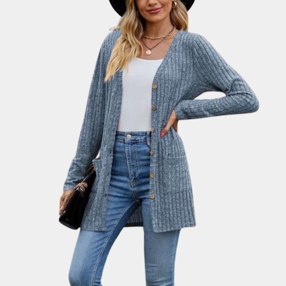 Dame cardigan med knaplukning, lommer og lange ærmer – strik cardigan til hverdag og lag-på-lag – Velmira