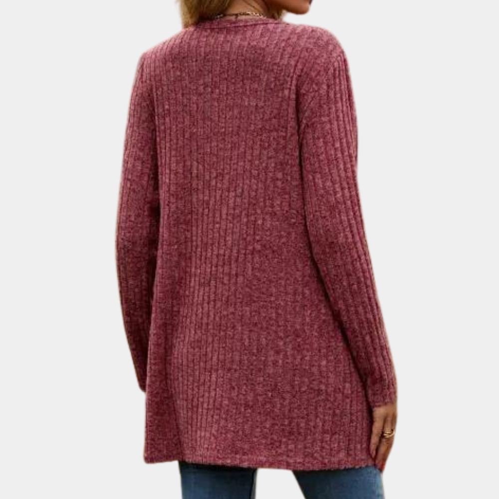Dame cardigan med knaplukning, lommer og lange ærmer – strik cardigan til hverdag og lag-på-lag – Velmira