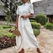 Dame maxikjole med knaplukning, bælte og lange ærmer – kjole til hverdag og lejligheder – Valerina