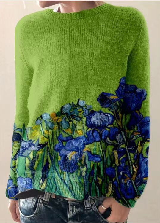 Florena dame striktrøje med blomsterbroderi langærmet afslappet pasform