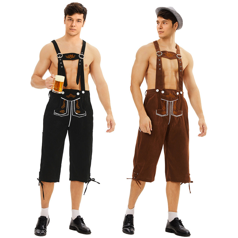Krótkie skórzane spodenki tyrolskie do kolan z szelkami i haftowanymi detalami na Oktoberfest – Valdren