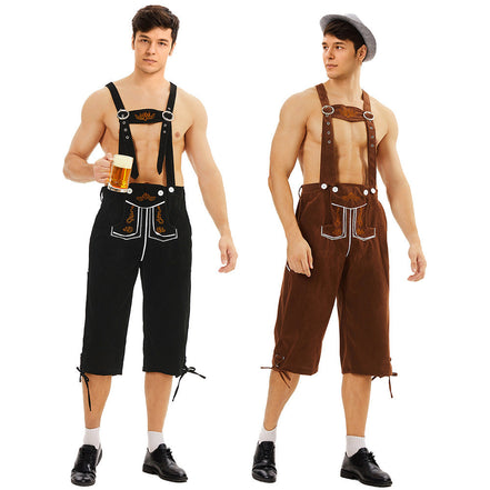Krótkie skórzane spodenki tyrolskie do kolan z szelkami i haftowanymi detalami na Oktoberfest – Valdren