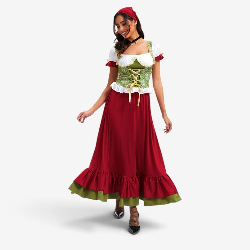 Dlhé dirndlové šaty so šnurovacím živôtikom a sukňou na Oktoberfest – Velmira
