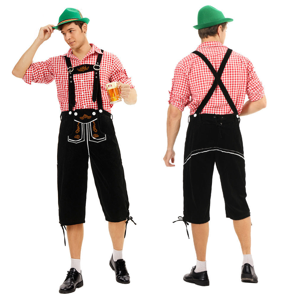 Krótkie skórzane spodenki tyrolskie do kolan z szelkami i haftowanymi detalami na Oktoberfest – Valdren