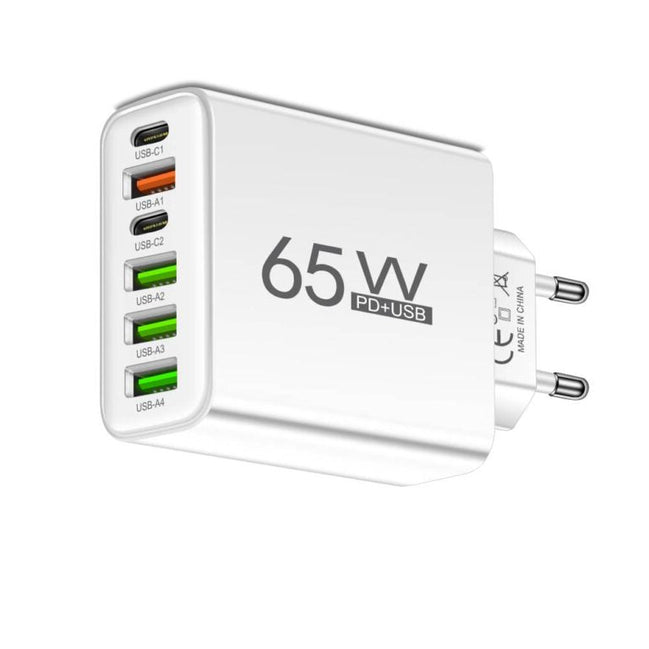 65W USB opladestation med 6 porte (USB-C og USB-A) – oplader til flere enheder og rejse – Nexvolt