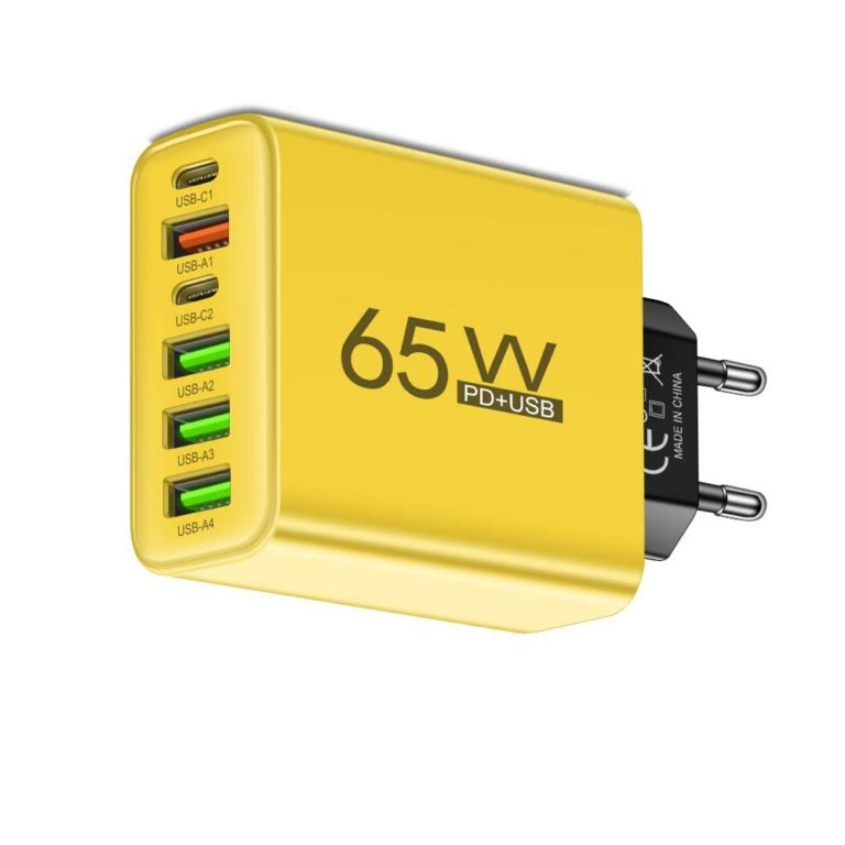65W USB opladestation med 6 porte (USB-C og USB-A) – oplader til flere enheder og rejse – Nexvolt