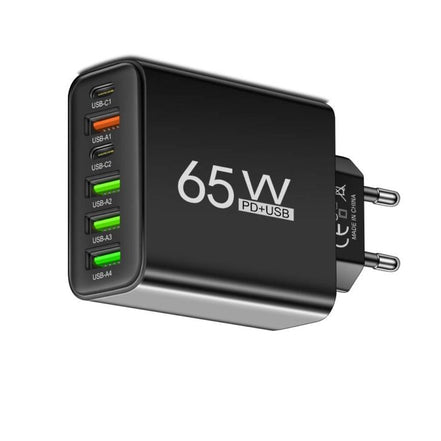 65W USB opladestation med 6 porte (USB-C og USB-A) – oplader til flere enheder og rejse – Nexvolt