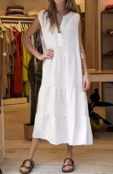 Elvane Lang ærmeløs kjole med V-hals og lagdelt design