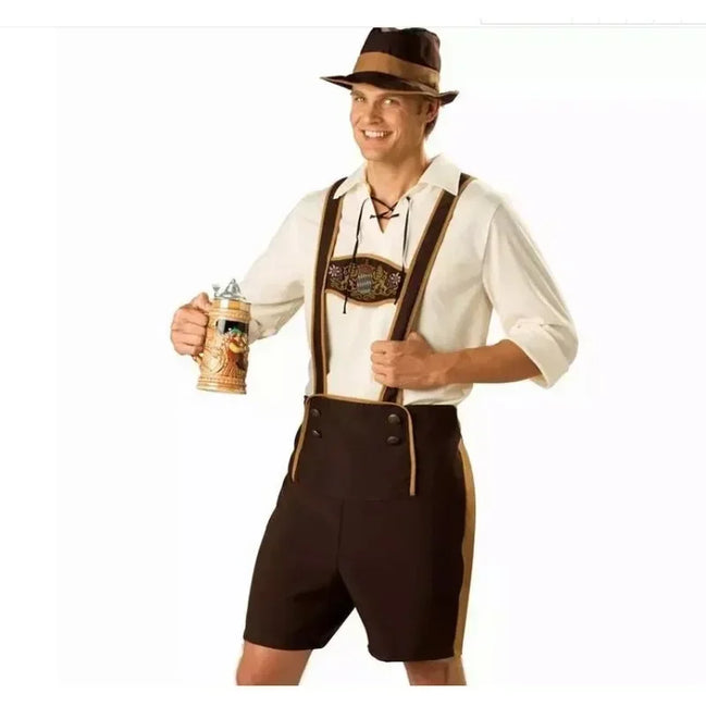 3-dielny tirolský kostým pre mužov s košeľou, nohavicami a klobúkom na Oktoberfest – Berengar