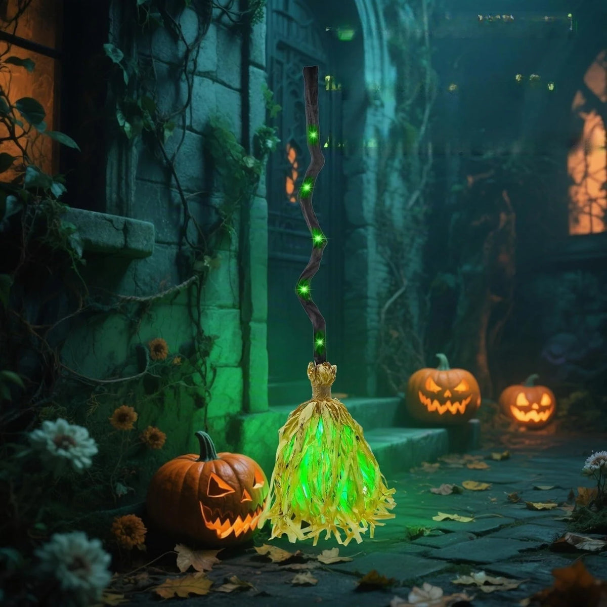 Pohyblivé čarodějnické koště se světlem a smíchem na Halloween – Hexavora