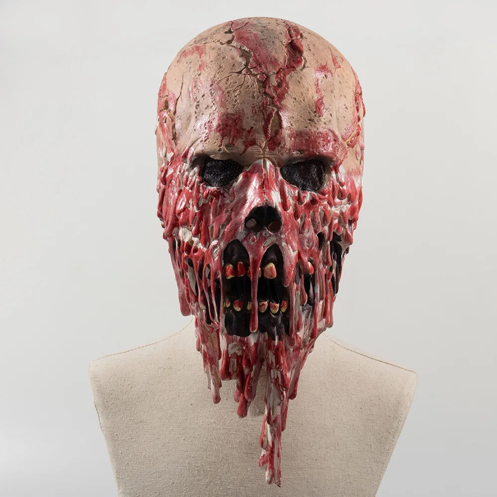 Strašidelná maska s motívom lebky a krvavým dizajnom na Halloween – Skulvex