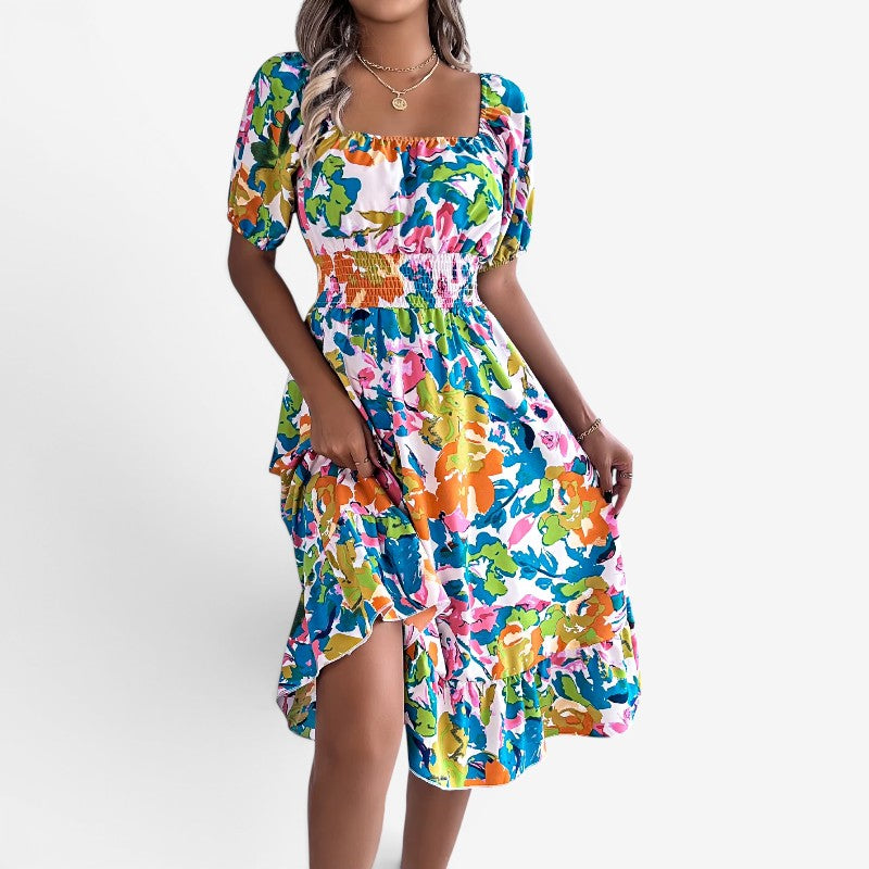 Floréva kjole dame – midi kjole med blomsterprint og off shoulder design