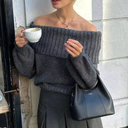 Vandara off-shoulder strikbluse til kvinder – langærmet pullover i kraftig strik