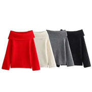 Vandara off-shoulder strikbluse til kvinder – langærmet pullover i kraftig strik