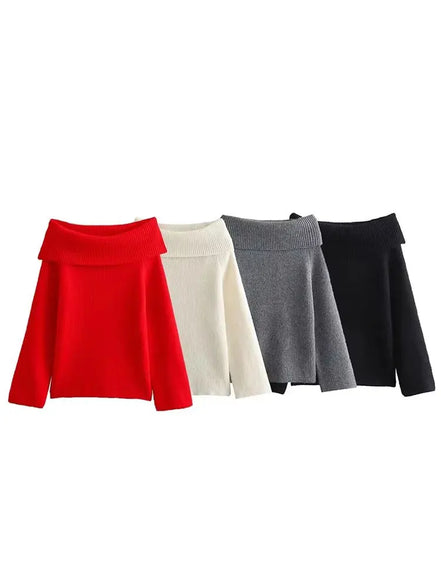 Vandara off-shoulder strikbluse til kvinder – langærmet pullover i kraftig strik