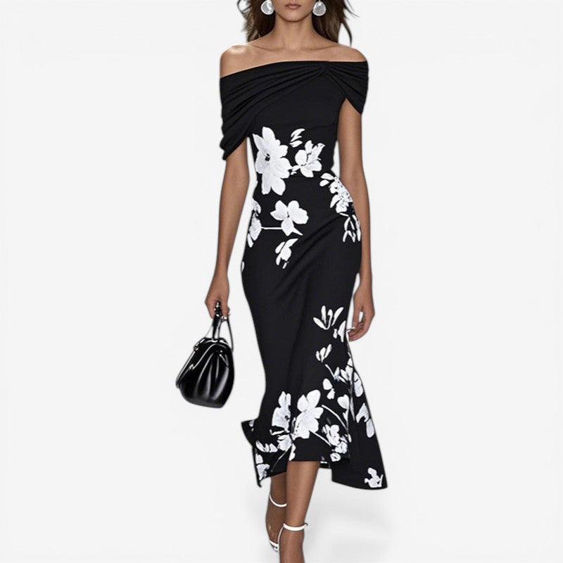 Velmira kjole dame – off shoulder kjole med blomsterprint og slim pasform