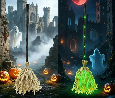 Pohyblivé čarodějnické koště se světlem a smíchem na Halloween – Hexavora