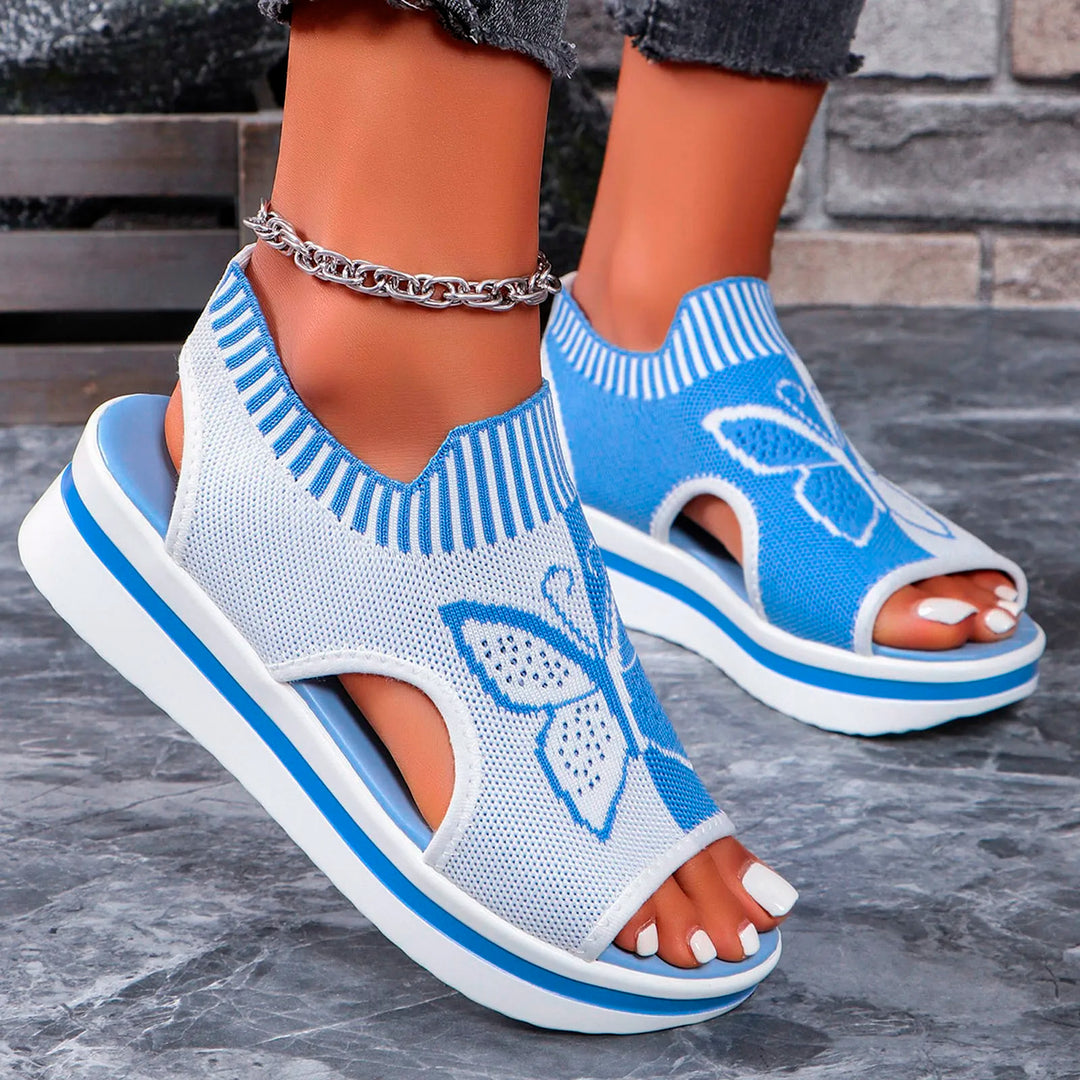 Florysa sandaler – sommerfugleprint, åben tå og ankelrem