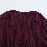 Dame chiffonbluse med V-hals og flæser – Elvoria