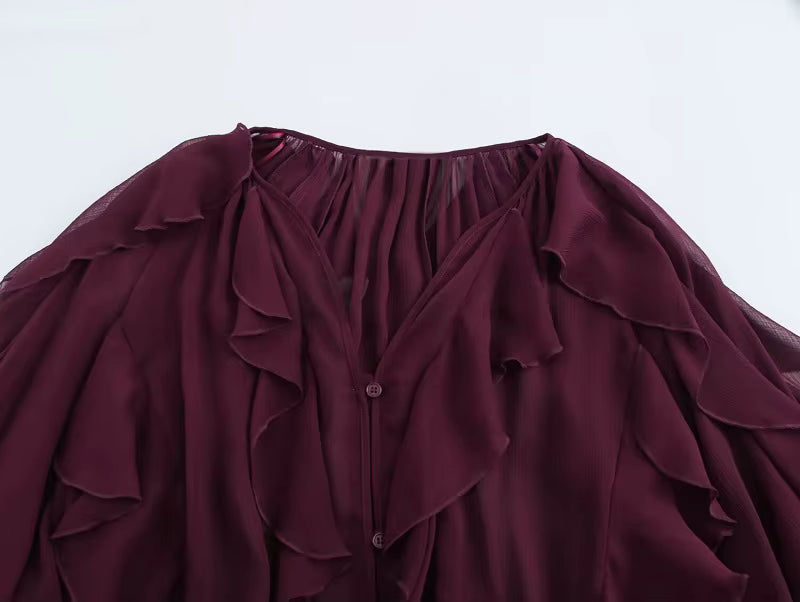 Dame chiffonbluse med V-hals og flæser – Elvoria