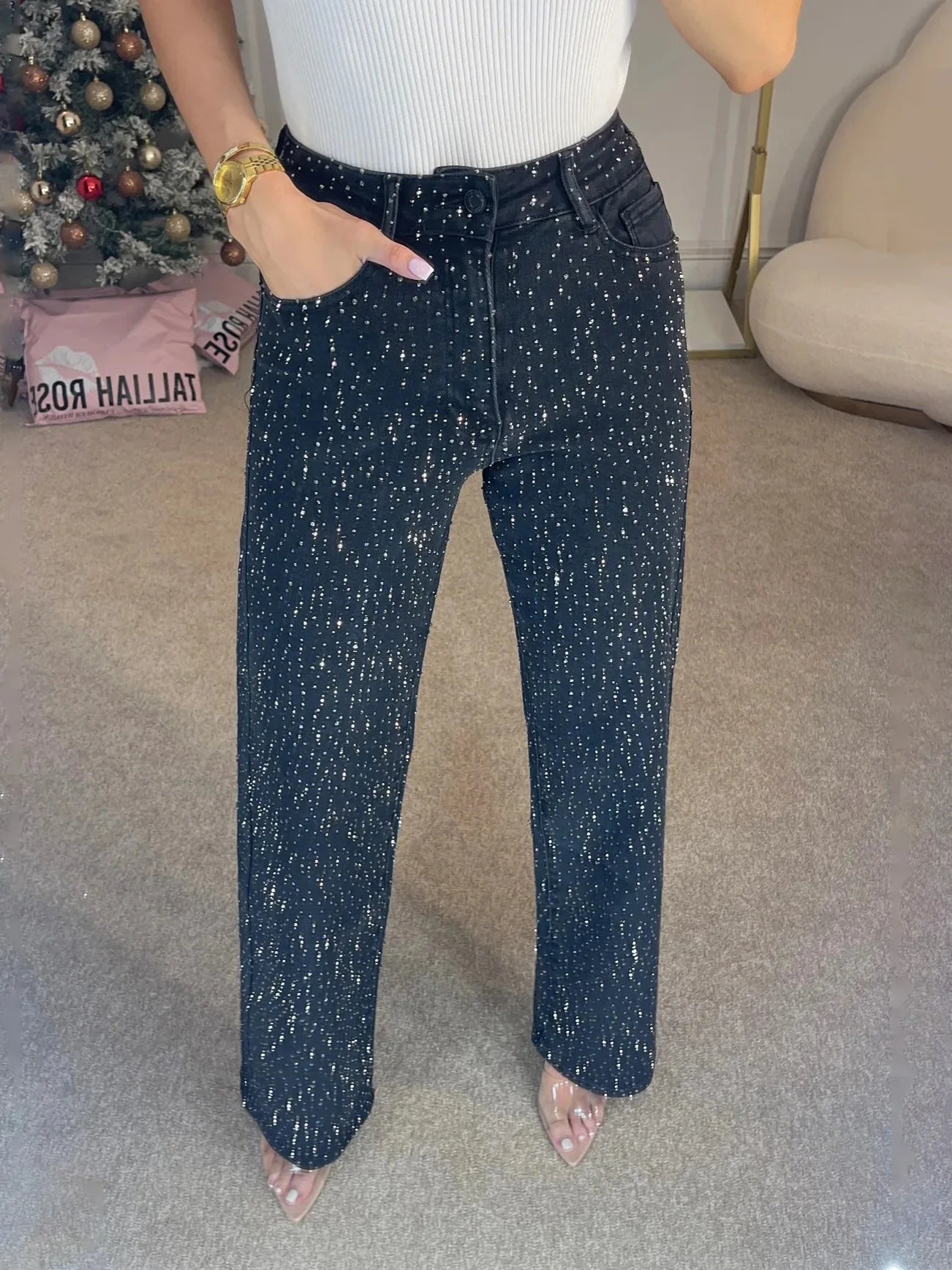 Lerina højtaljede jeans til kvinder – lige ben og lynlåslukning