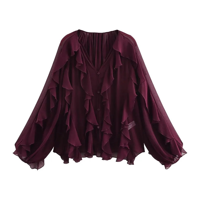 Dame chiffonbluse med V-hals og flæser – Elvoria