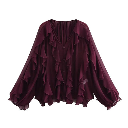 Dame chiffonbluse med V-hals og flæser – Elvoria