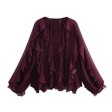 Dame chiffonbluse med V-hals og flæser – Elvoria