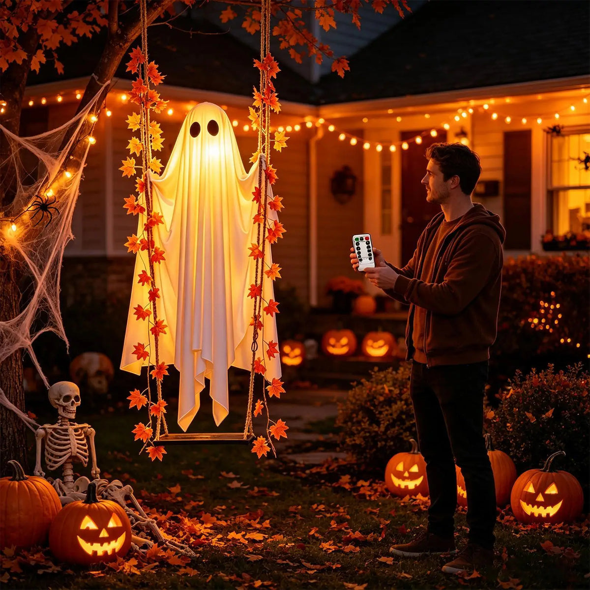 Wiszący duch Halloween na huśtawce ze światłami LED – Spookvyn