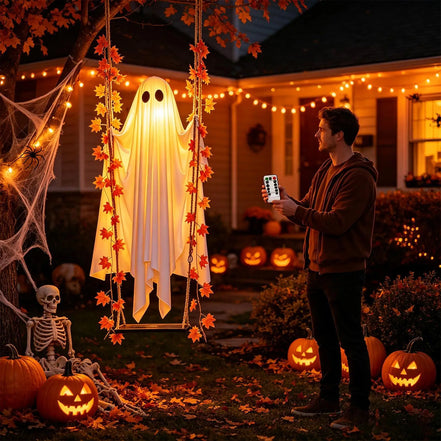 Wiszący duch Halloween na huśtawce ze światłami LED – Spookvyn