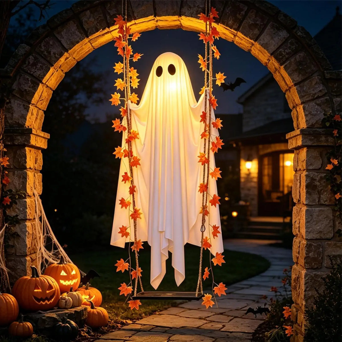 Wiszący duch Halloween na huśtawce ze światłami LED – Spookvyn