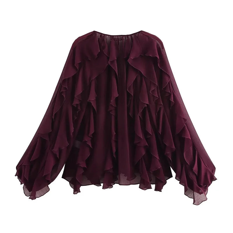 Dame chiffonbluse med V-hals og flæser – Elvoria