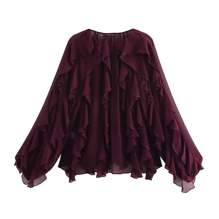 Dame chiffonbluse med V-hals og flæser – Elvoria