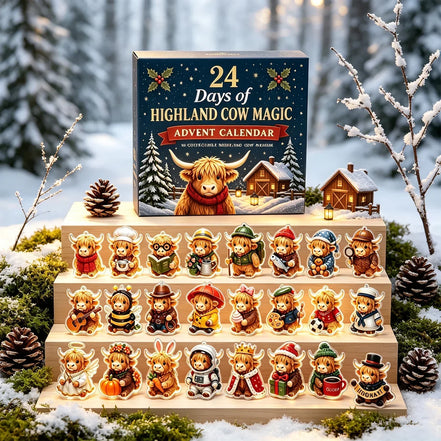 Adventný kalendár Highland Cow s 24 akrylovými vianočnými ozdobami - Highlandora