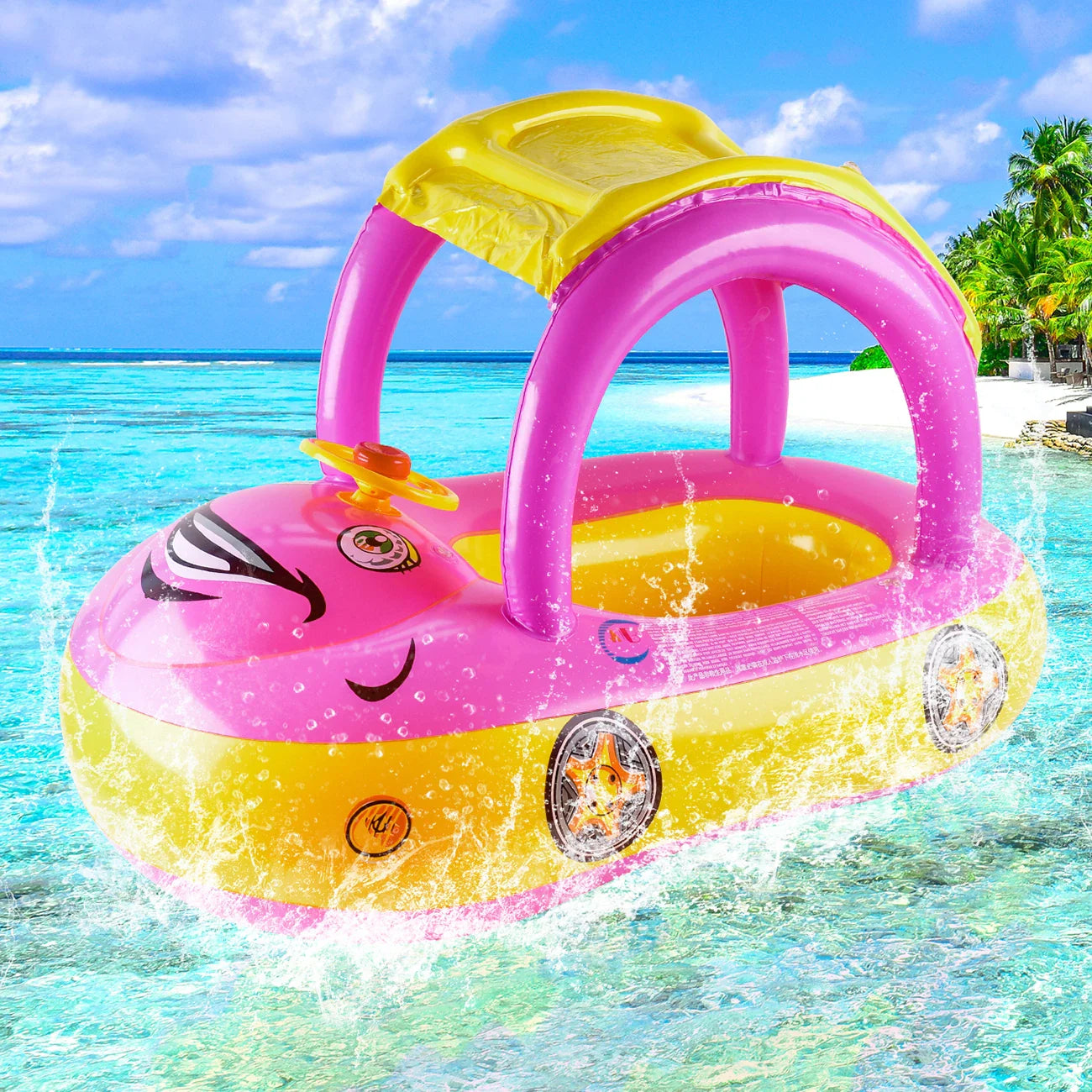 SunnyCruise oppustelig svømmering – børnebadering med soltag og bildesign